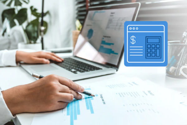 open laptop with hand on keyboard, graphic of calculator